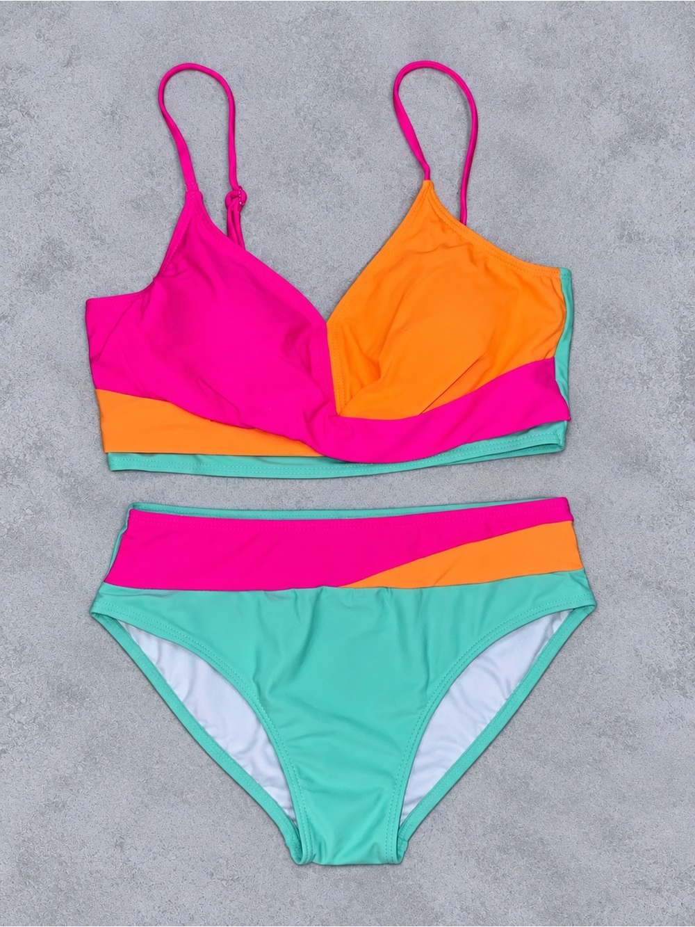NWT - WIQI Girls Bikini Set Swimsuit - Pink Orange, Size 11-12YR